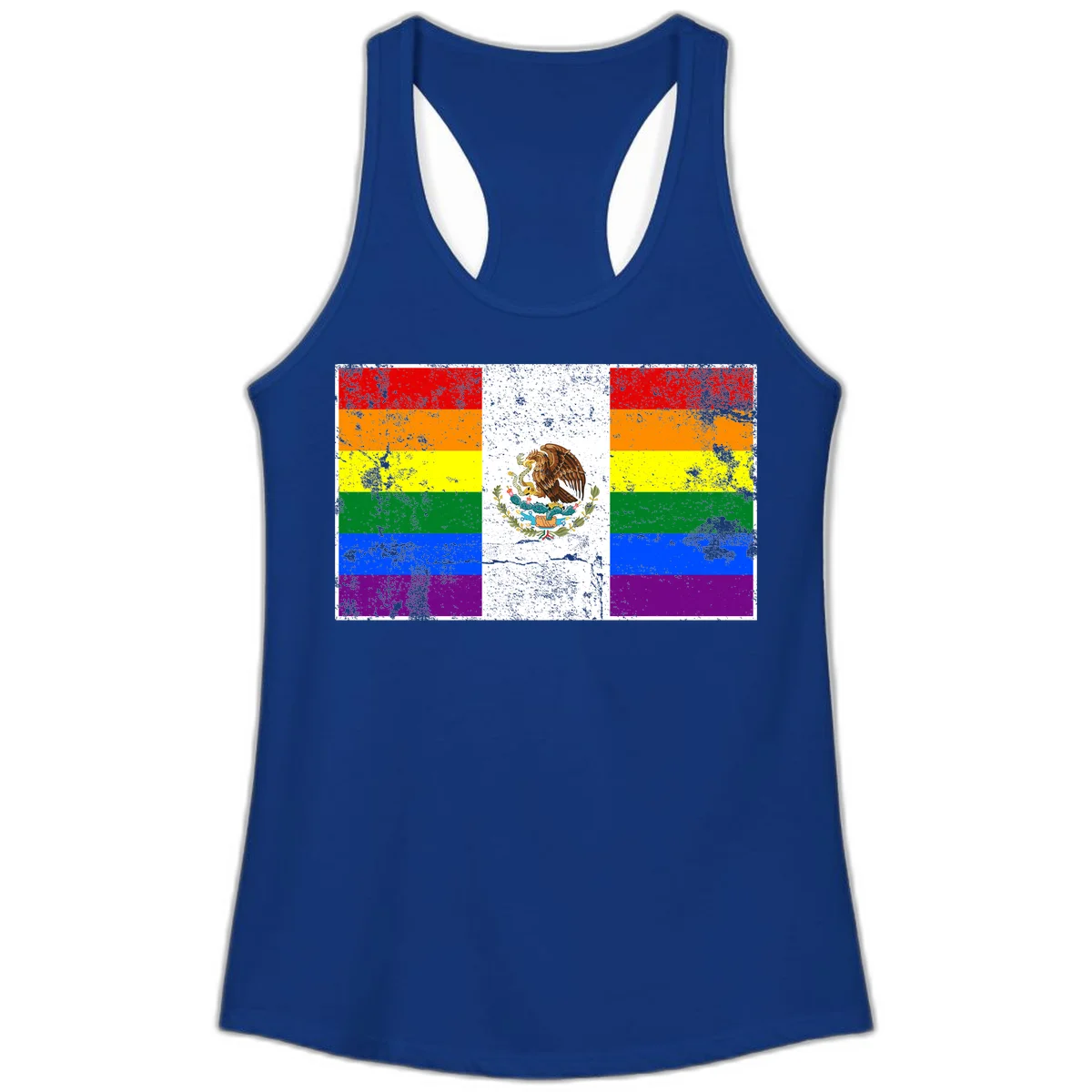Mexico pride flag fusion design featuring rainbow and Mexican flag stripes with golden eagle emblem and grunge texture in Solid Royal