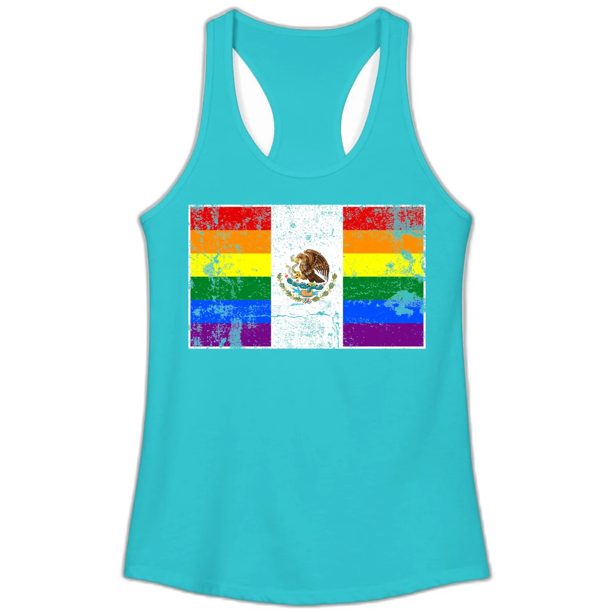 Mexico pride flag fusion design featuring rainbow and Mexican flag stripes with golden eagle emblem and grunge texture in Solid Tahiti Blue