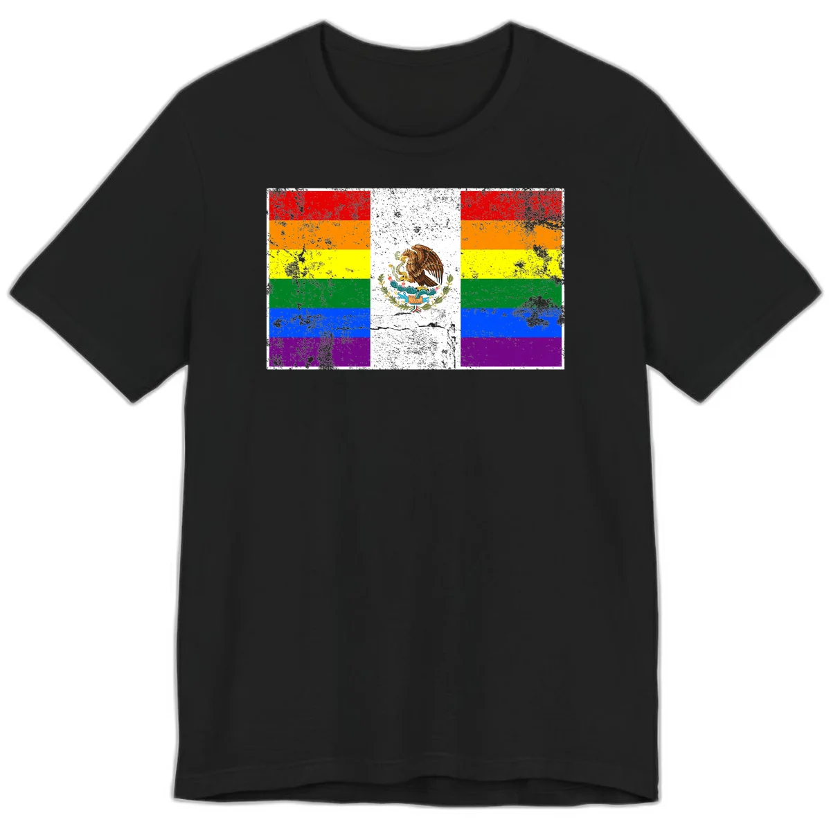 Mexico pride flag fusion design featuring rainbow and Mexican flag stripes with golden eagle emblem and grunge texture in Black