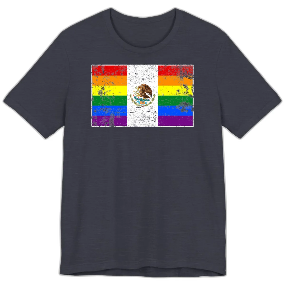 Mexico pride flag fusion design featuring rainbow and Mexican flag stripes with golden eagle emblem and grunge texture in Heather Midnight Navy