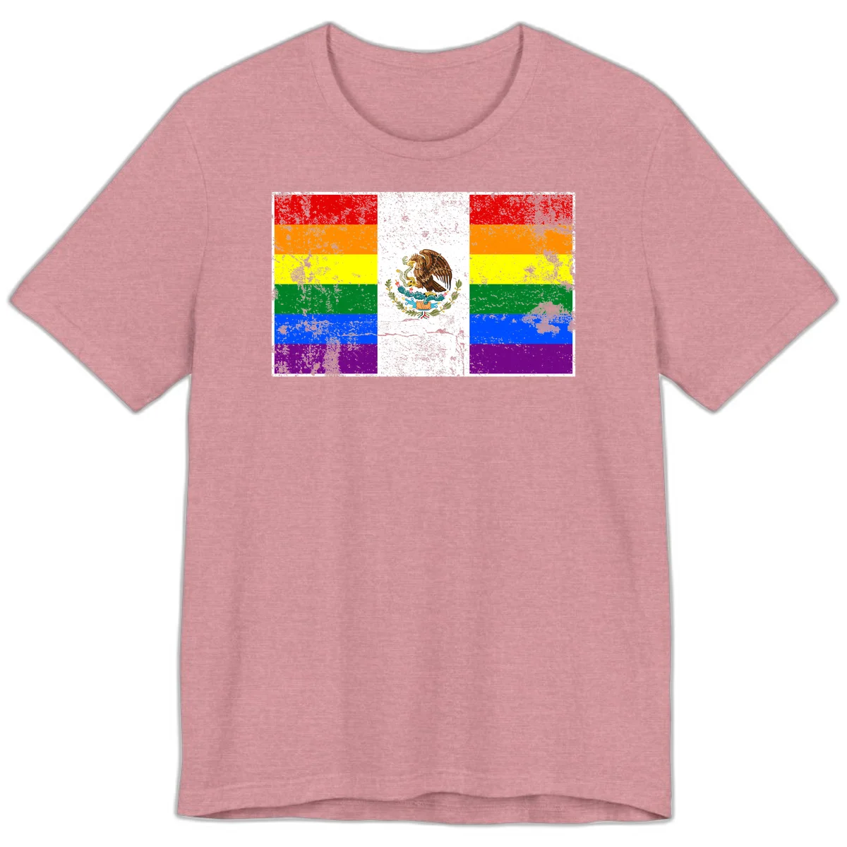 Mexico pride flag fusion design featuring rainbow and Mexican flag stripes with golden eagle emblem and grunge texture in Heather Orchid