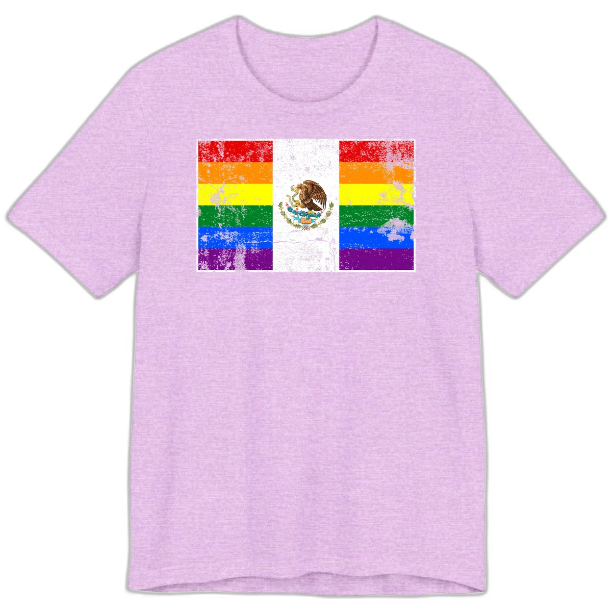 Mexico pride flag fusion design featuring rainbow and Mexican flag stripes with golden eagle emblem and grunge texture in Heather Prism Lilac