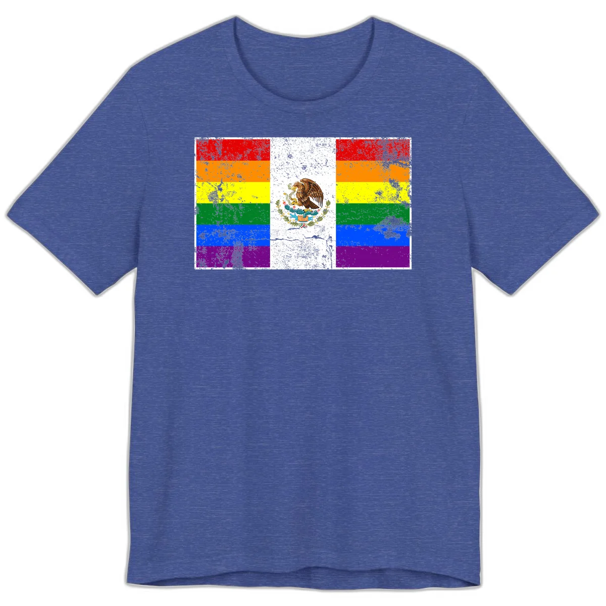 Mexico pride flag fusion design featuring rainbow and Mexican flag stripes with golden eagle emblem and grunge texture in Heather True Royal