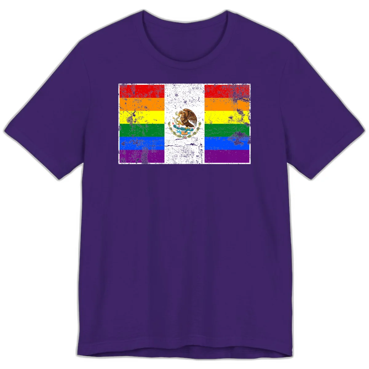 Mexico pride flag fusion design featuring rainbow and Mexican flag stripes with golden eagle emblem and grunge texture in Team Purple
