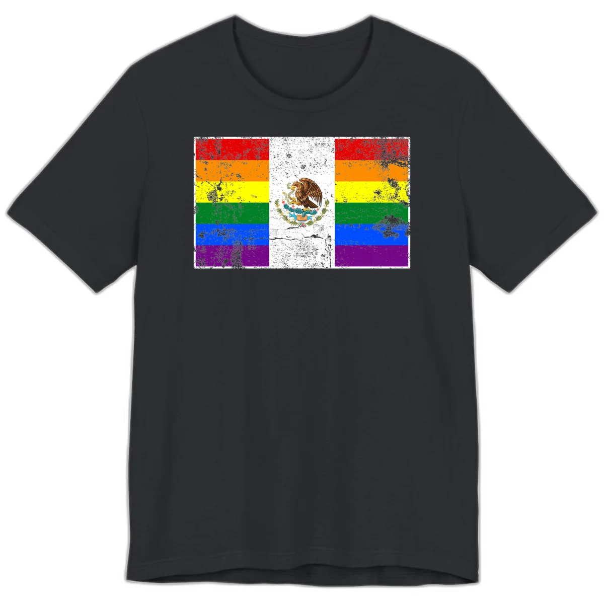 Mexico pride flag fusion design featuring rainbow and Mexican flag stripes with golden eagle emblem and grunge texture in Vintage Black