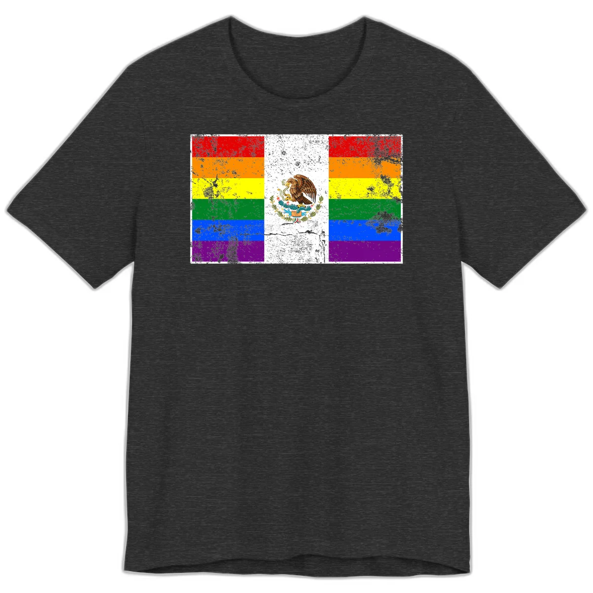 Mexico pride flag fusion design featuring rainbow and Mexican flag stripes with golden eagle emblem and grunge texture in Dark Grey Heather