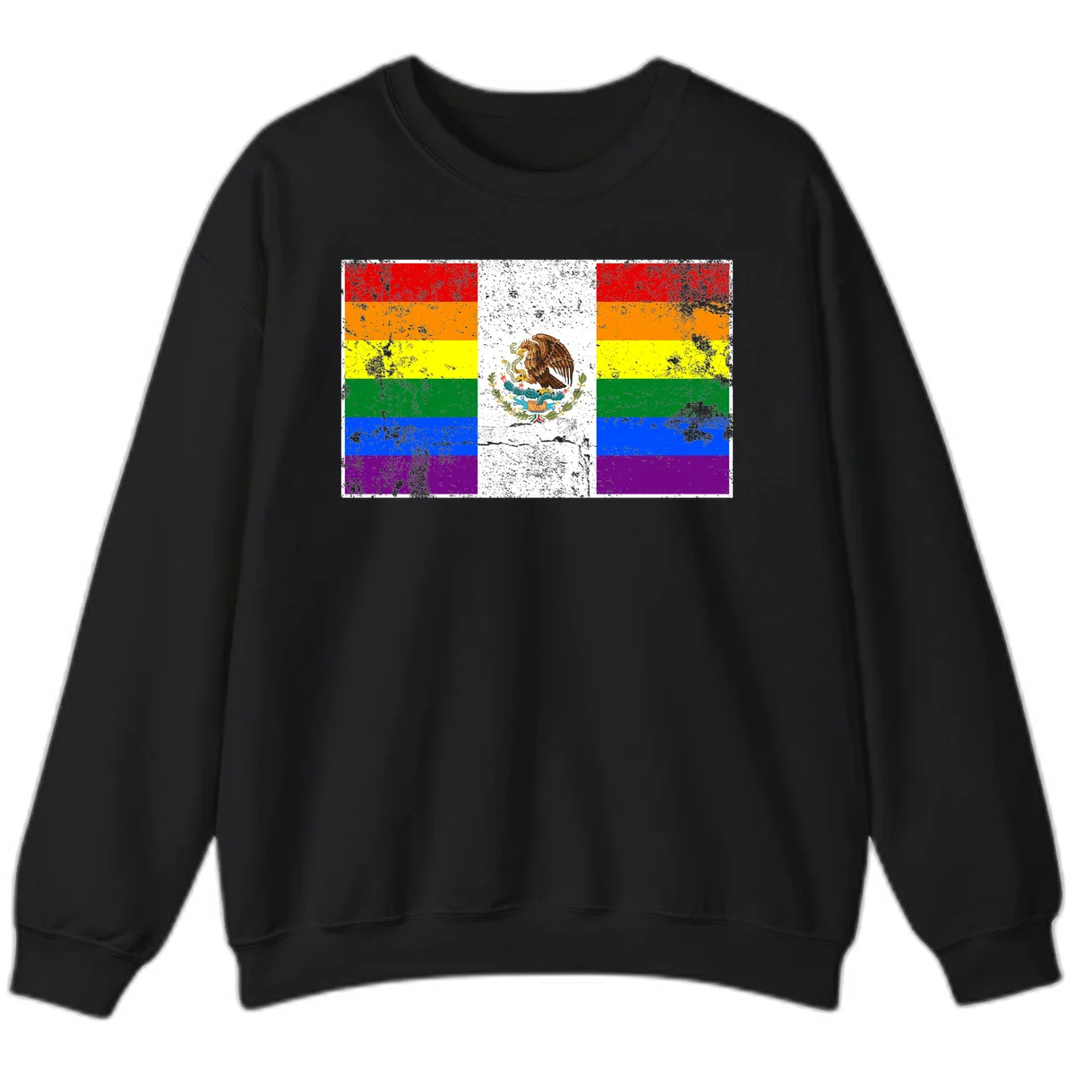Mexico pride flag fusion design featuring rainbow and Mexican flag stripes with golden eagle emblem and grunge texture in Black