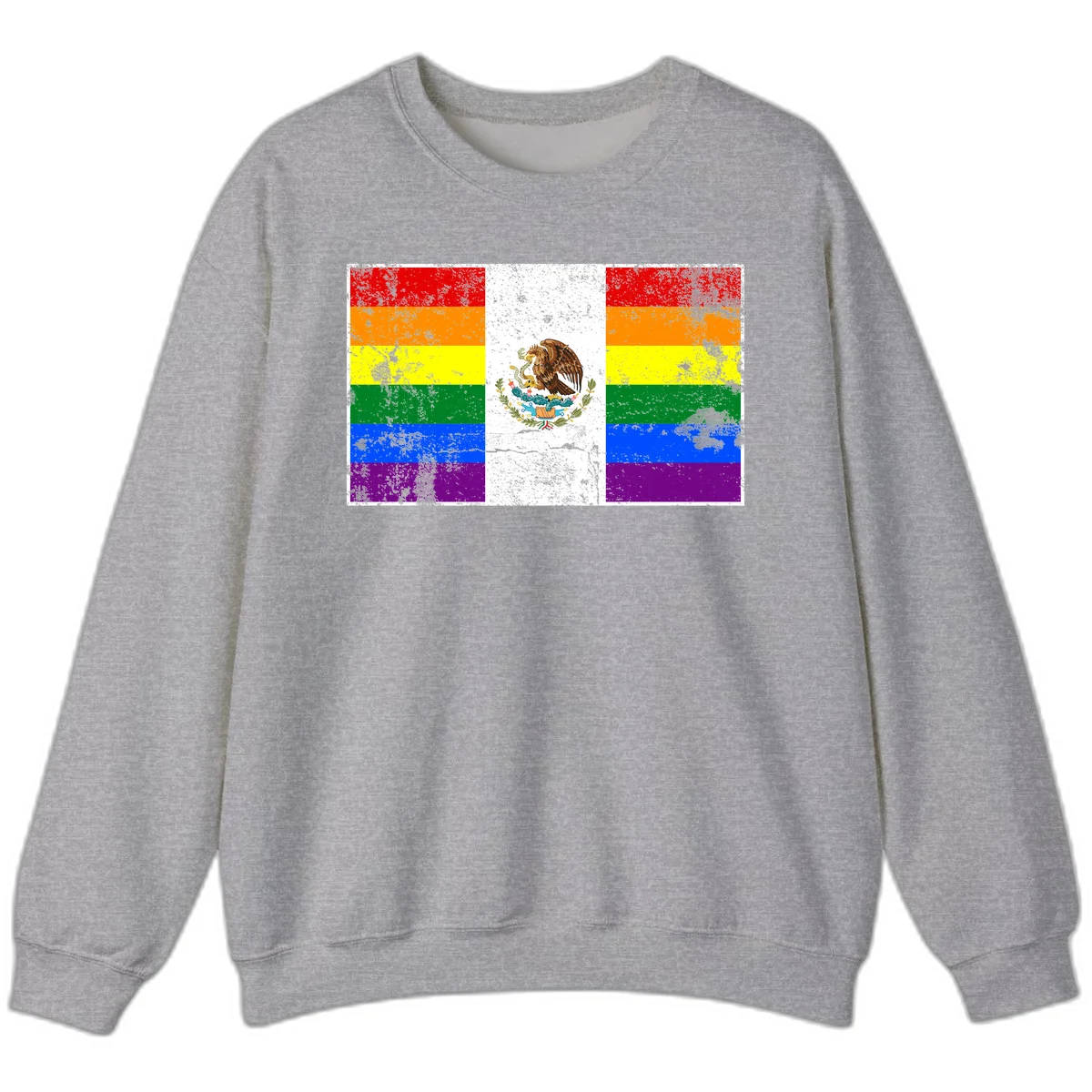 Mexico pride flag fusion design featuring rainbow and Mexican flag stripes with golden eagle emblem and grunge texture in Sport Grey