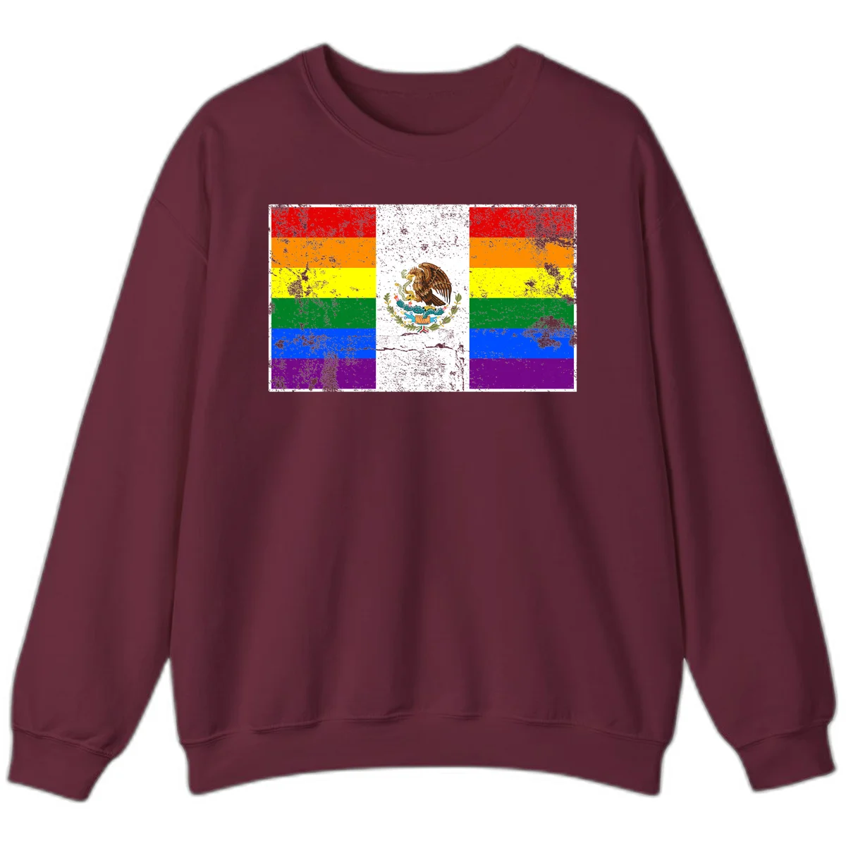 Mexico pride flag fusion design featuring rainbow and Mexican flag stripes with golden eagle emblem and grunge texture in Maroon