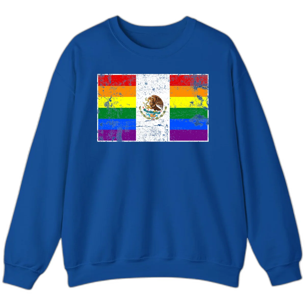 Mexico pride flag fusion design featuring rainbow and Mexican flag stripes with golden eagle emblem and grunge texture in Royal
