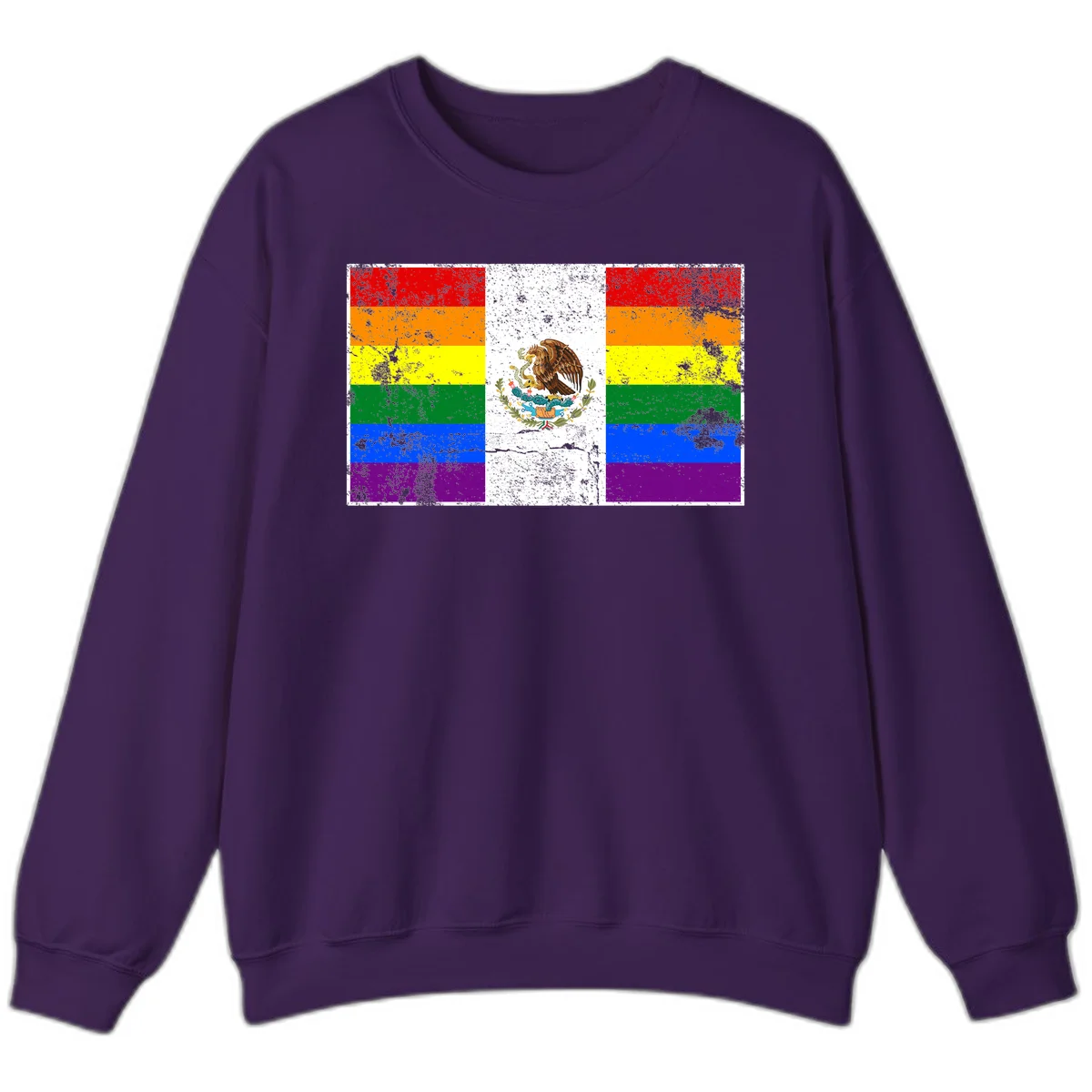 Mexico pride flag fusion design featuring rainbow and Mexican flag stripes with golden eagle emblem and grunge texture in Purple