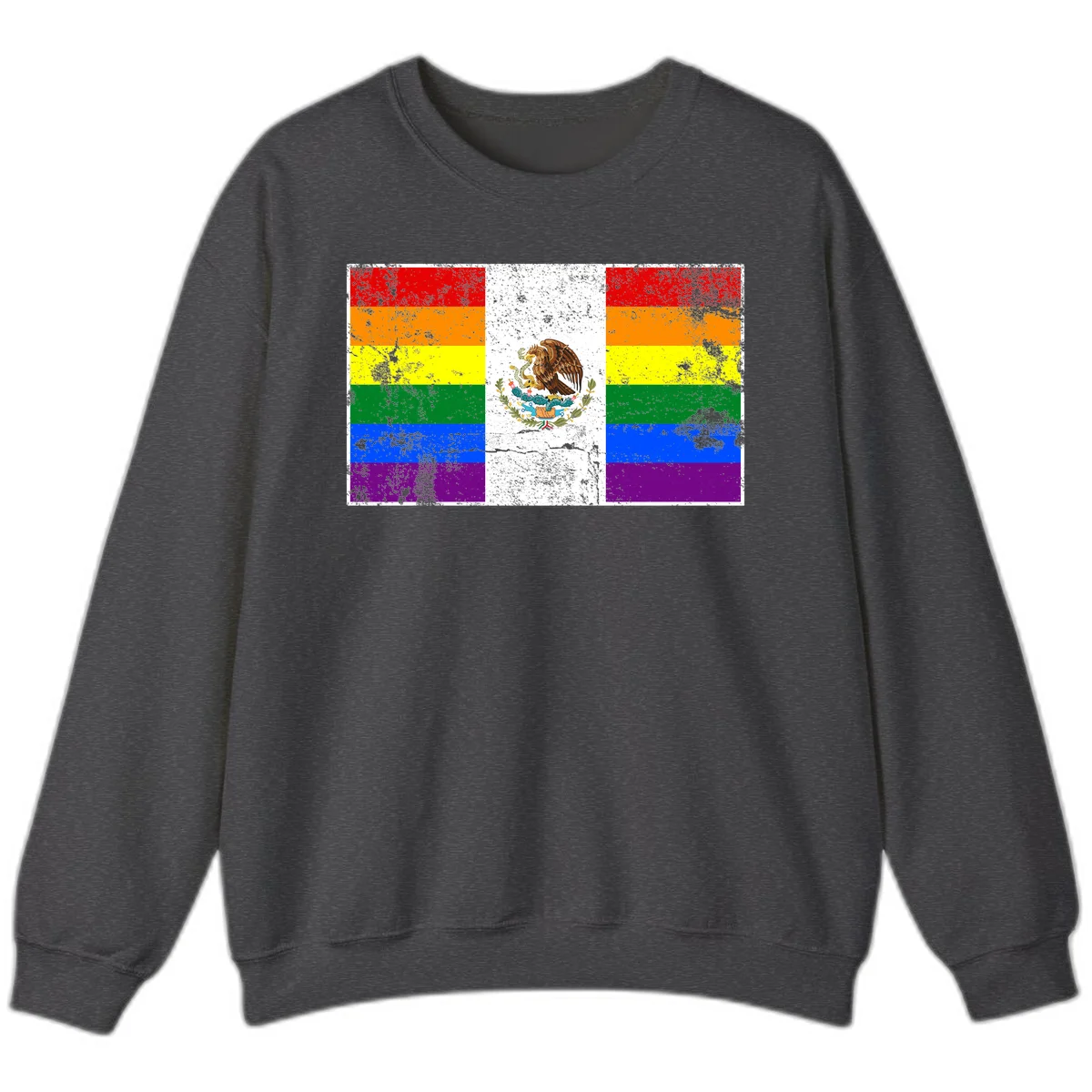 Mexico pride flag fusion design featuring rainbow and Mexican flag stripes with golden eagle emblem and grunge texture in Dark Heather