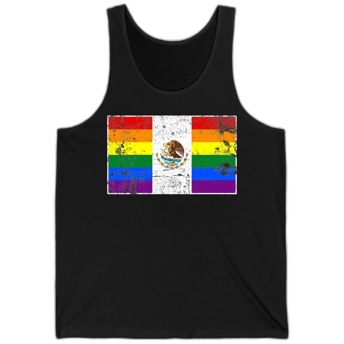 Mexico pride flag fusion design featuring rainbow and Mexican flag stripes with golden eagle emblem and grunge texture in Black