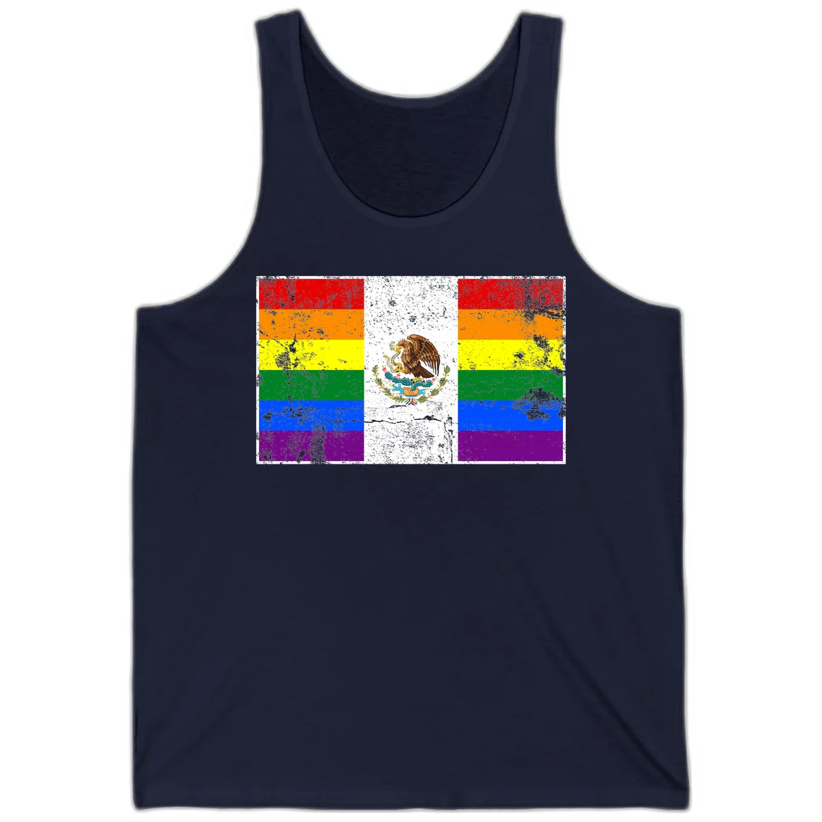 Mexico pride flag fusion design featuring rainbow and Mexican flag stripes with golden eagle emblem and grunge texture in Navy