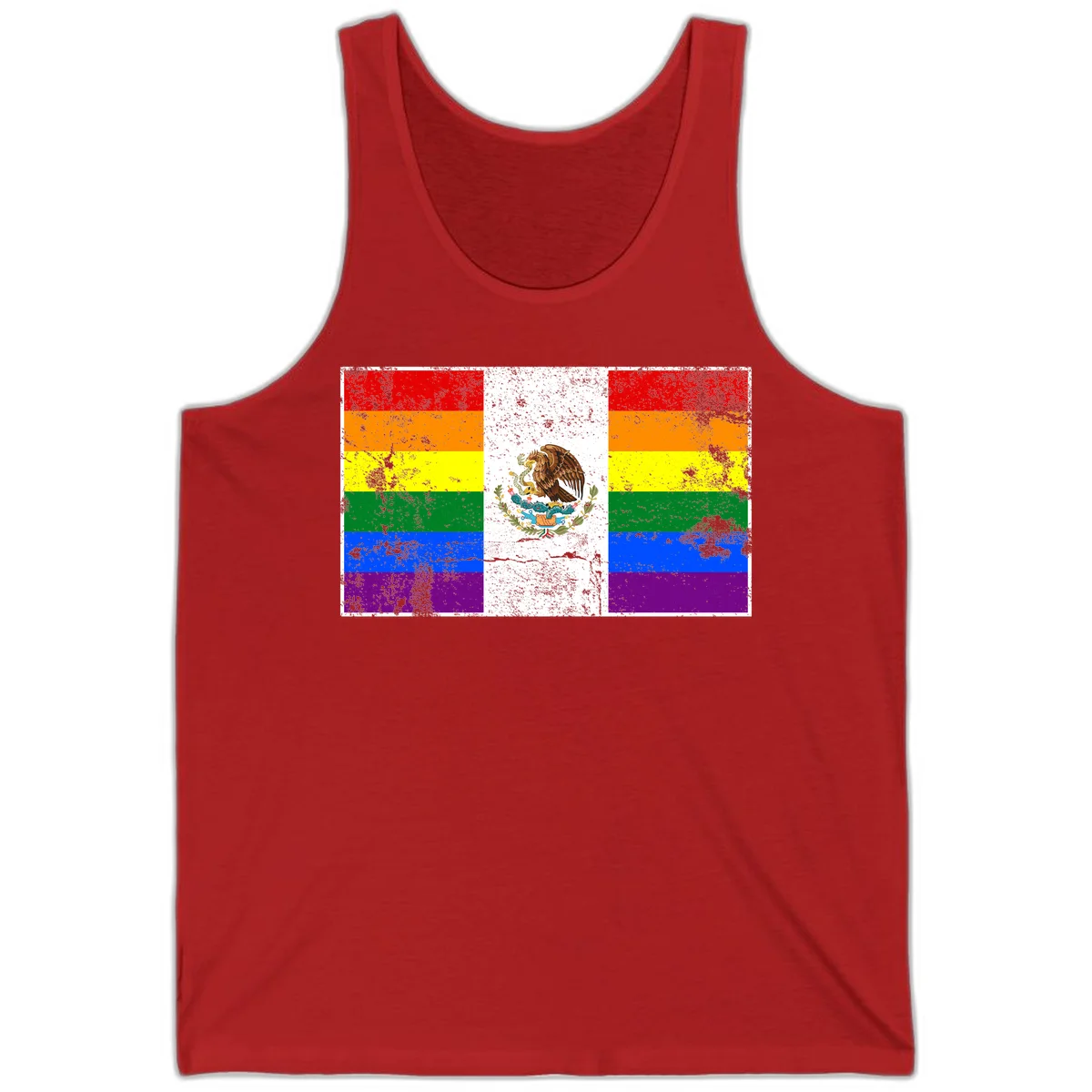 Mexico pride flag fusion design featuring rainbow and Mexican flag stripes with golden eagle emblem and grunge texture in Red