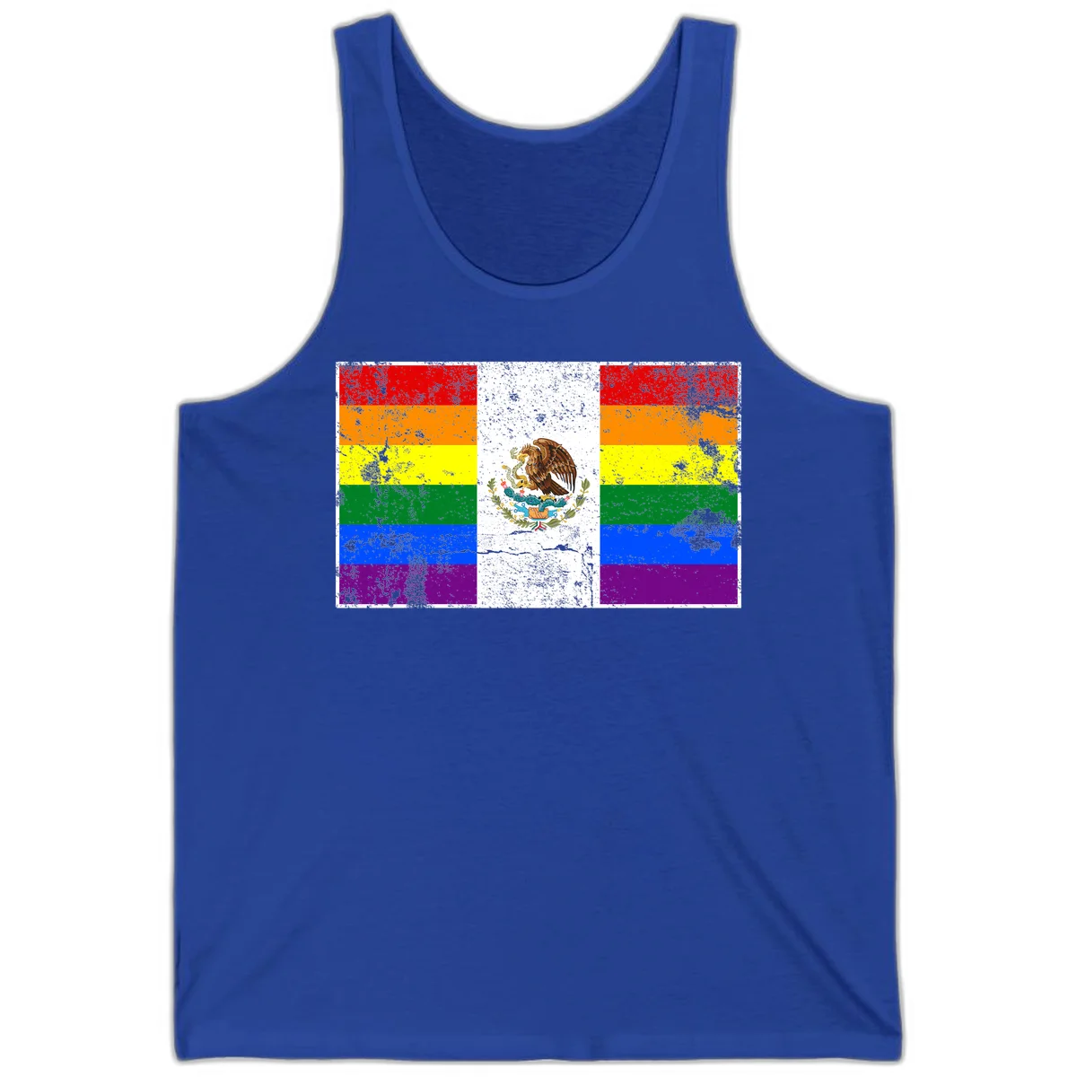 Mexico pride flag fusion design featuring rainbow and Mexican flag stripes with golden eagle emblem and grunge texture in True Royal