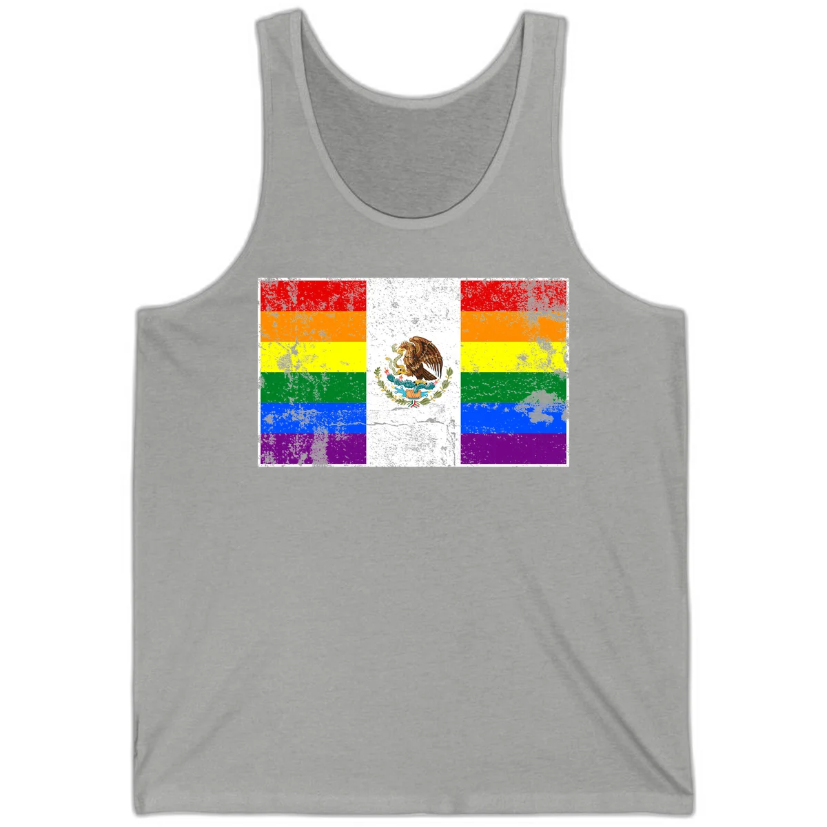 Mexico pride flag fusion design featuring rainbow and Mexican flag stripes with golden eagle emblem and grunge texture in Athletic Heather