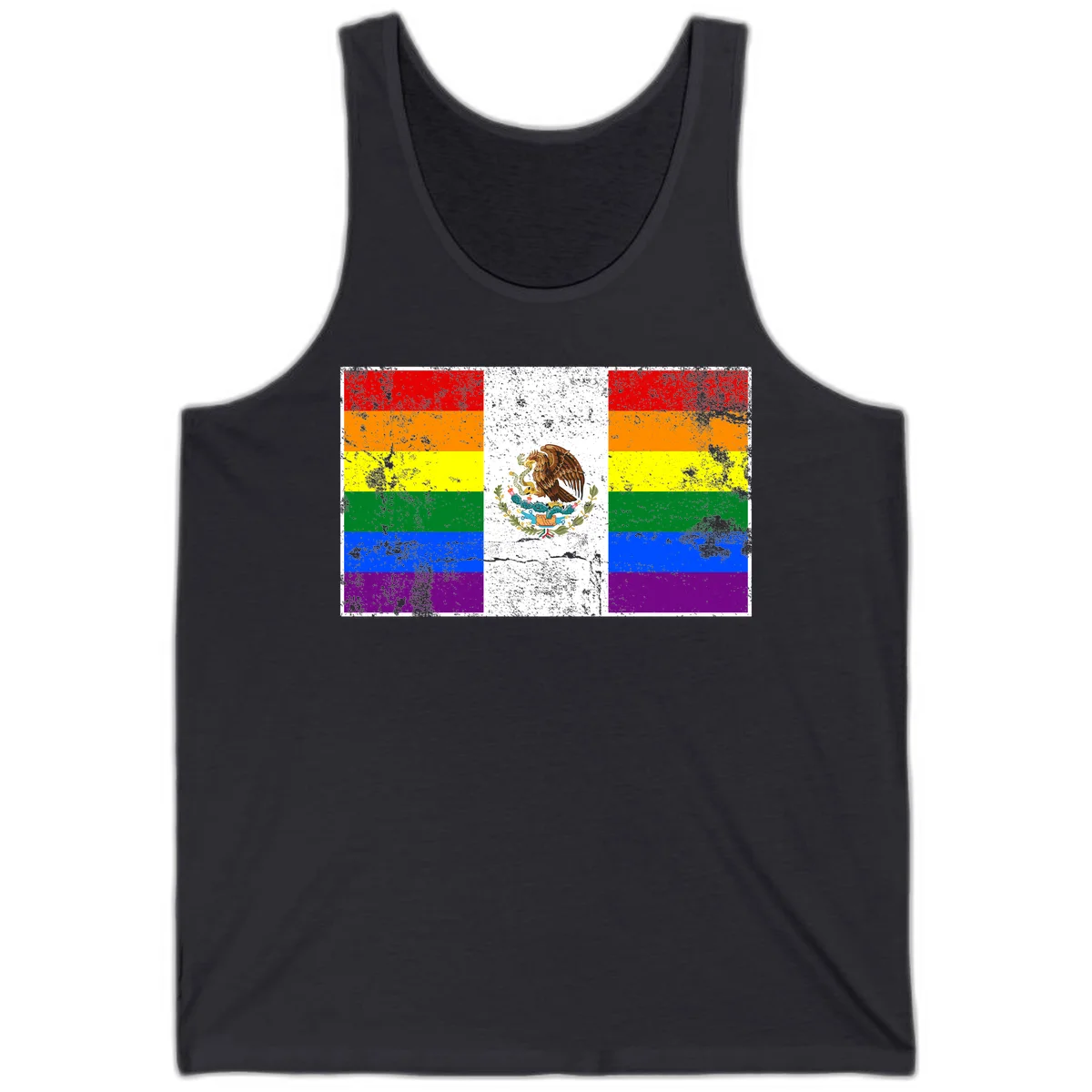 Mexico pride flag fusion design featuring rainbow and Mexican flag stripes with golden eagle emblem and grunge texture in Dark Grey