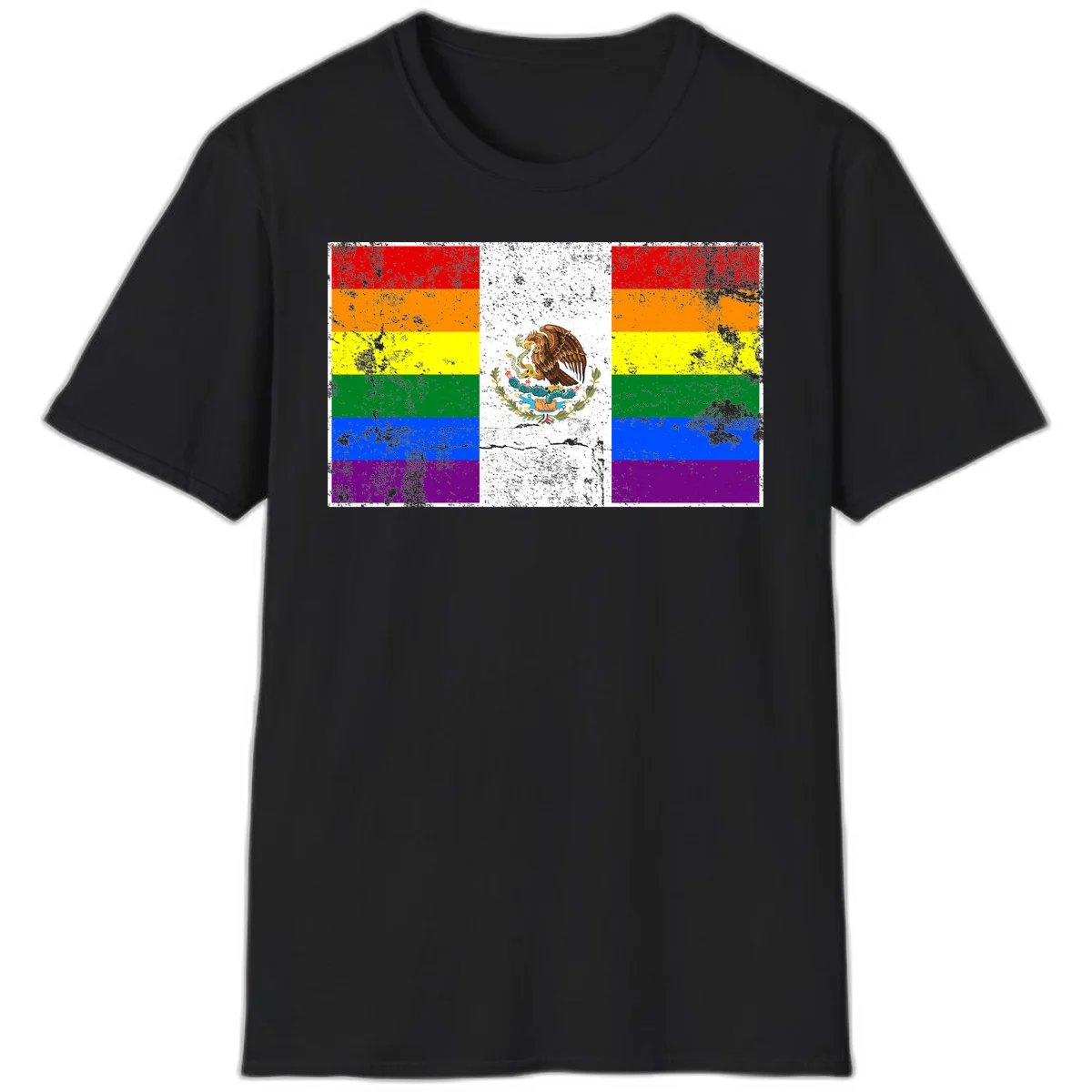 Mexico pride flag fusion design featuring rainbow and Mexican flag stripes with golden eagle emblem and grunge texture in Black