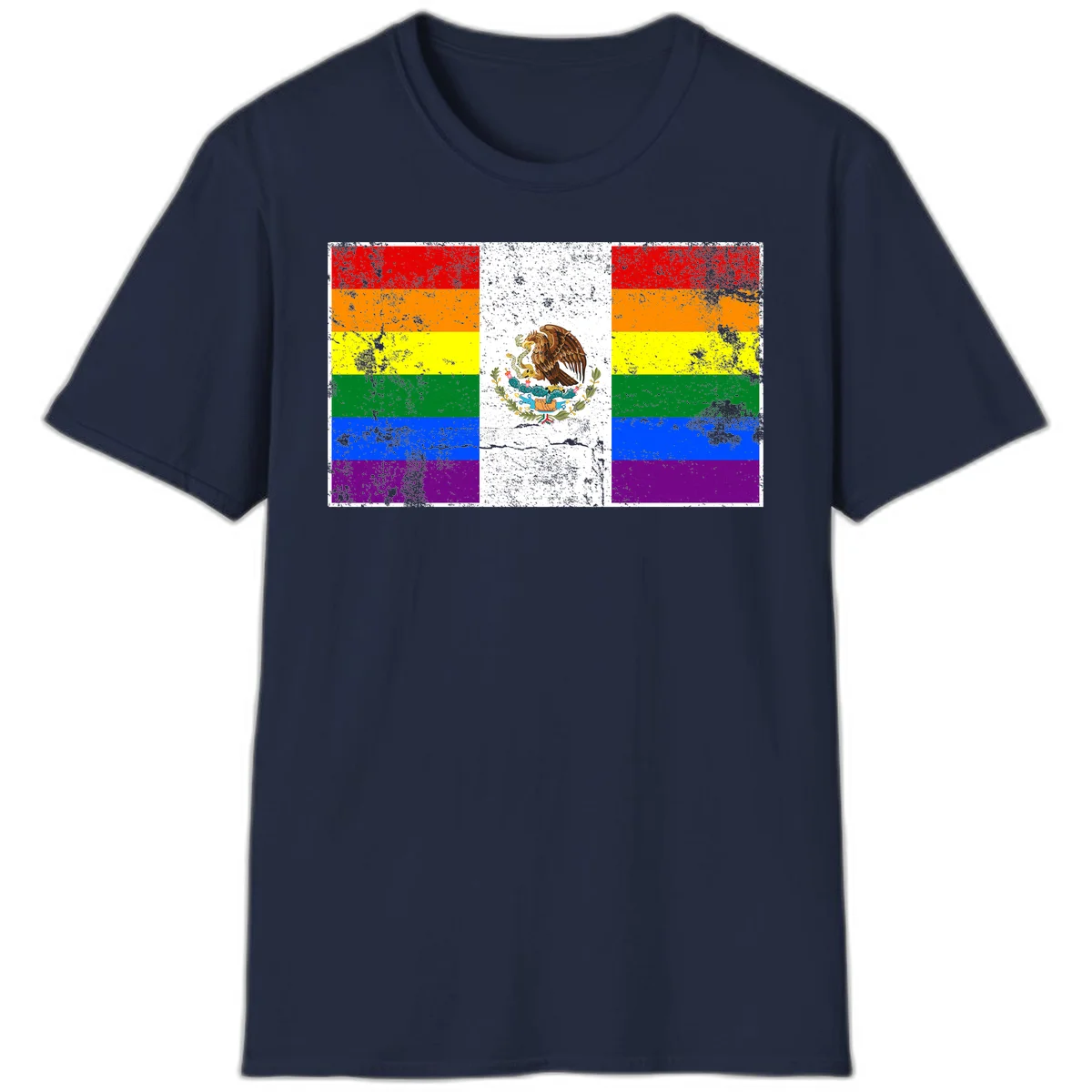 Mexico pride flag fusion design featuring rainbow and Mexican flag stripes with golden eagle emblem and grunge texture in Navy