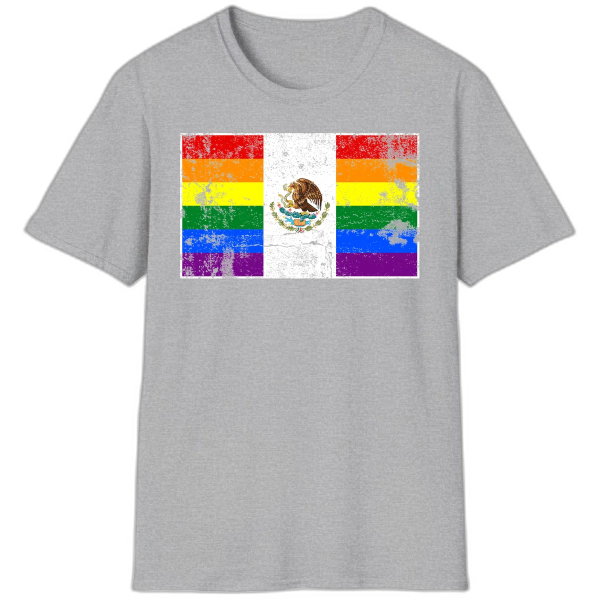 Mexico pride flag fusion design featuring rainbow and Mexican flag stripes with golden eagle emblem and grunge texture in Sport Grey
