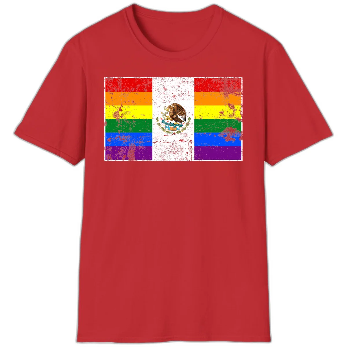 Mexico pride flag fusion design featuring rainbow and Mexican flag stripes with golden eagle emblem and grunge texture in Red