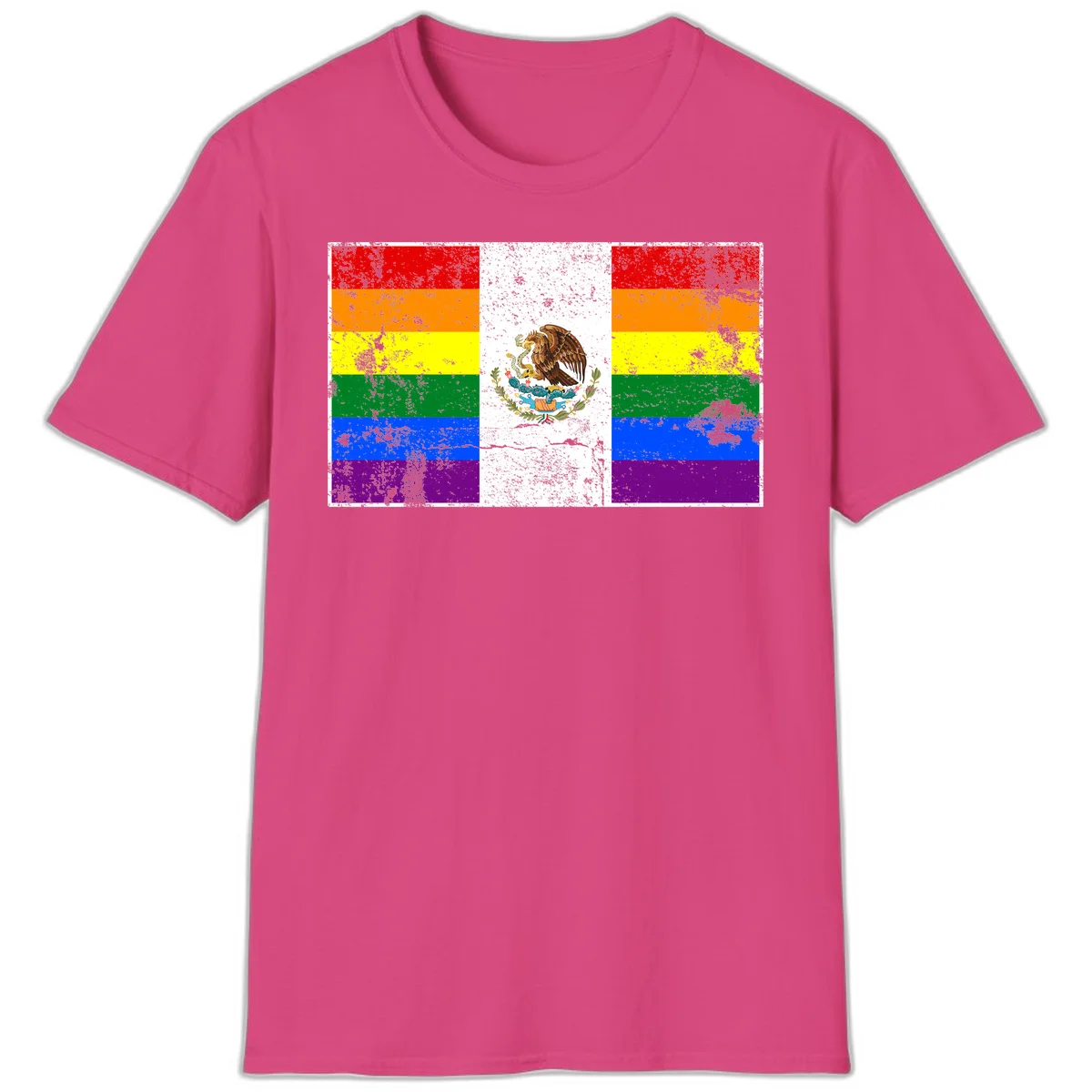 Mexico pride flag fusion design featuring rainbow and Mexican flag stripes with golden eagle emblem and grunge texture in Heliconia