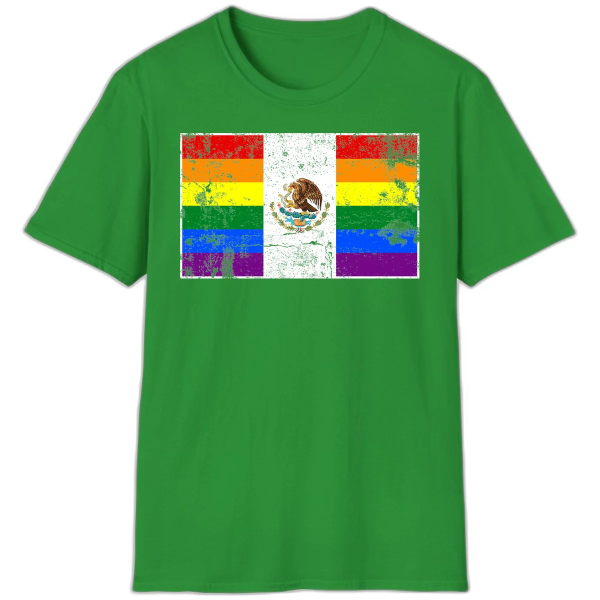 Mexico pride flag fusion design featuring rainbow and Mexican flag stripes with golden eagle emblem and grunge texture in Irish Green