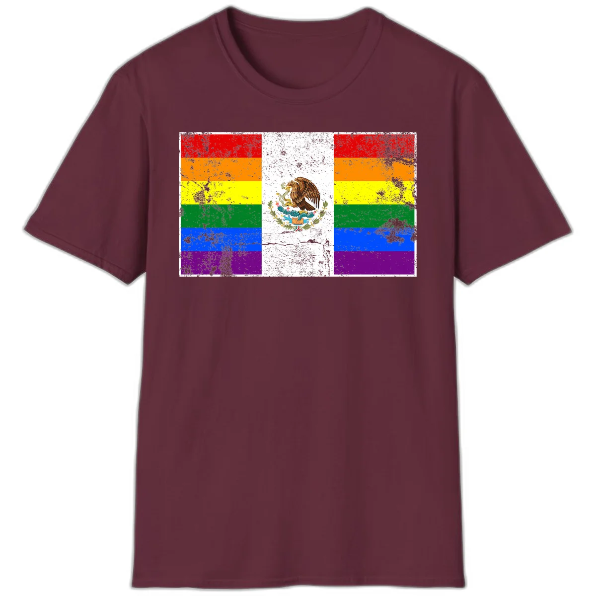 Mexico pride flag fusion design featuring rainbow and Mexican flag stripes with golden eagle emblem and grunge texture in Maroon