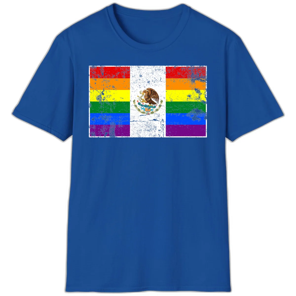 Mexico pride flag fusion design featuring rainbow and Mexican flag stripes with golden eagle emblem and grunge texture in Royal