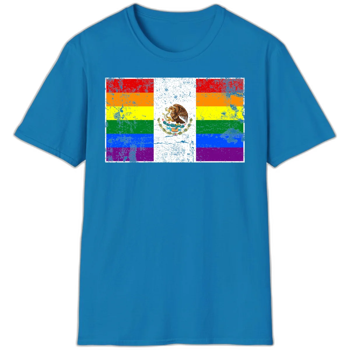 Mexico pride flag fusion design featuring rainbow and Mexican flag stripes with golden eagle emblem and grunge texture in Sapphire
