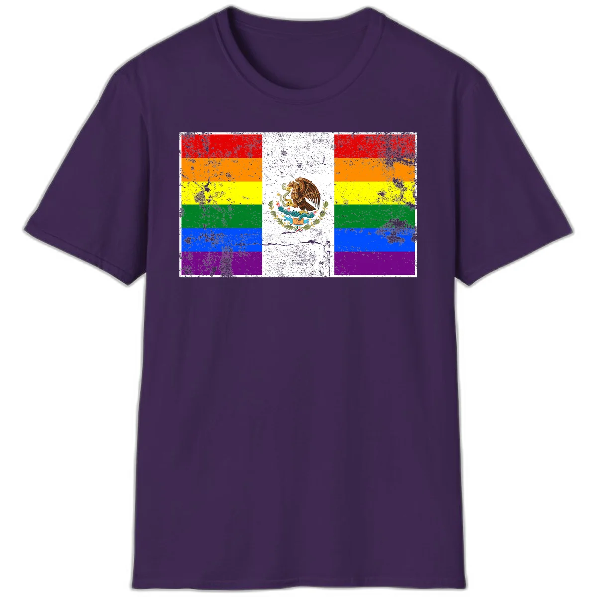 Mexico pride flag fusion design featuring rainbow and Mexican flag stripes with golden eagle emblem and grunge texture in Purple