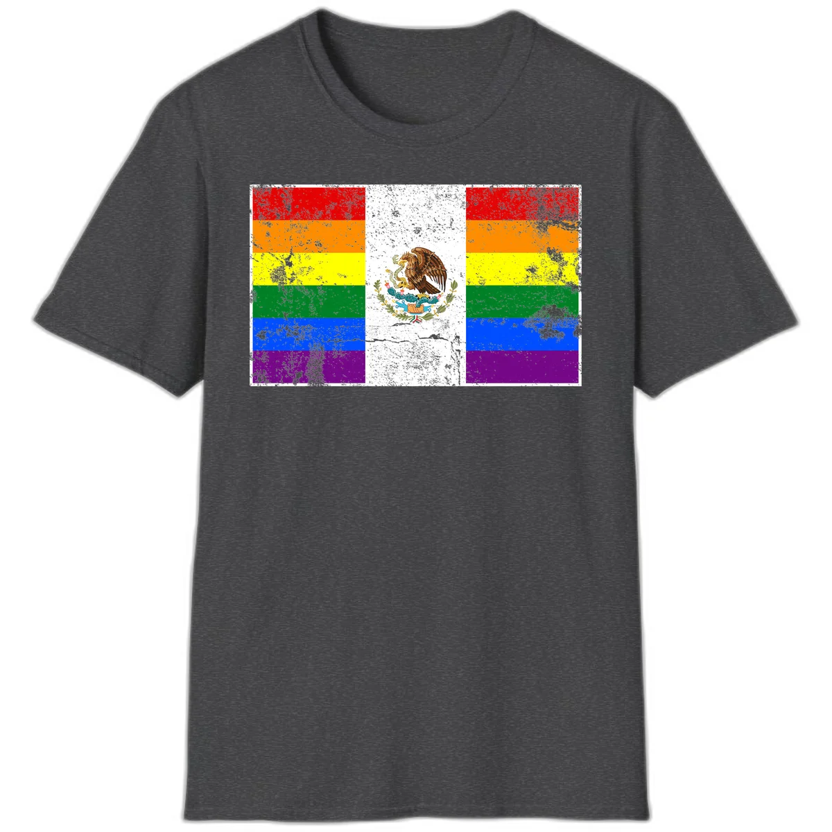 Mexico pride flag fusion design featuring rainbow and Mexican flag stripes with golden eagle emblem and grunge texture in Dark Heather