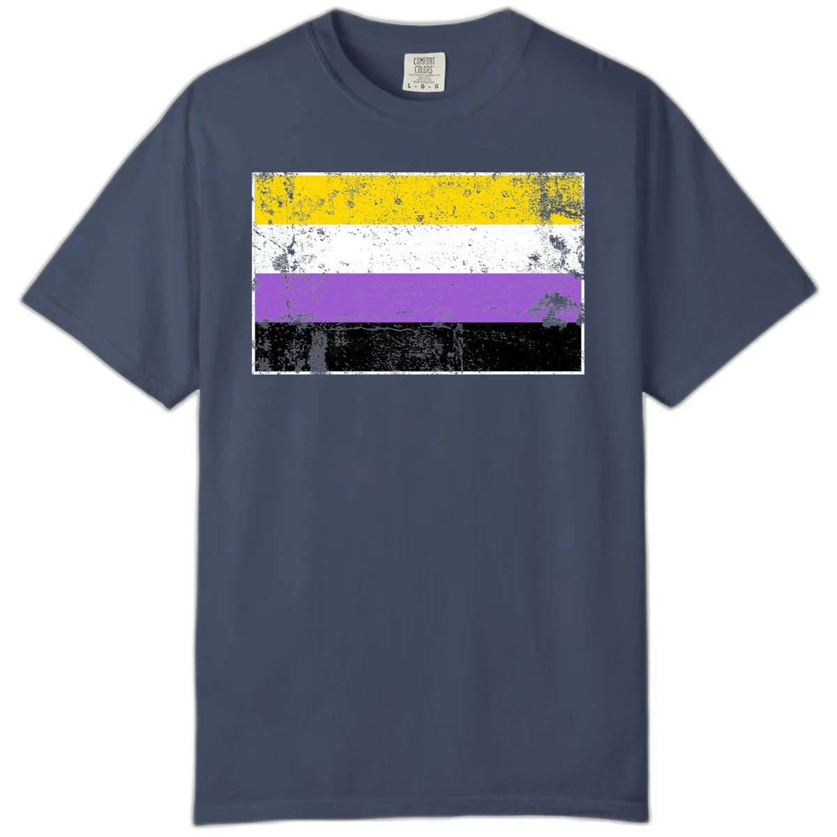Nonbinary pride flag with yellow, white, purple, and black horizontal stripes featuring distressed grunge texture overlay in Midnight