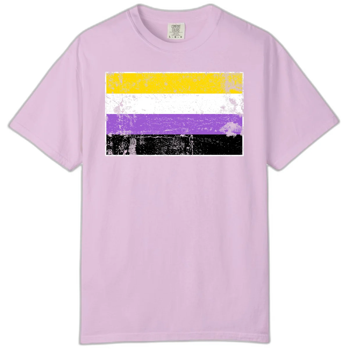 Nonbinary pride flag with yellow, white, purple, and black horizontal stripes featuring distressed grunge texture overlay in Orchid
