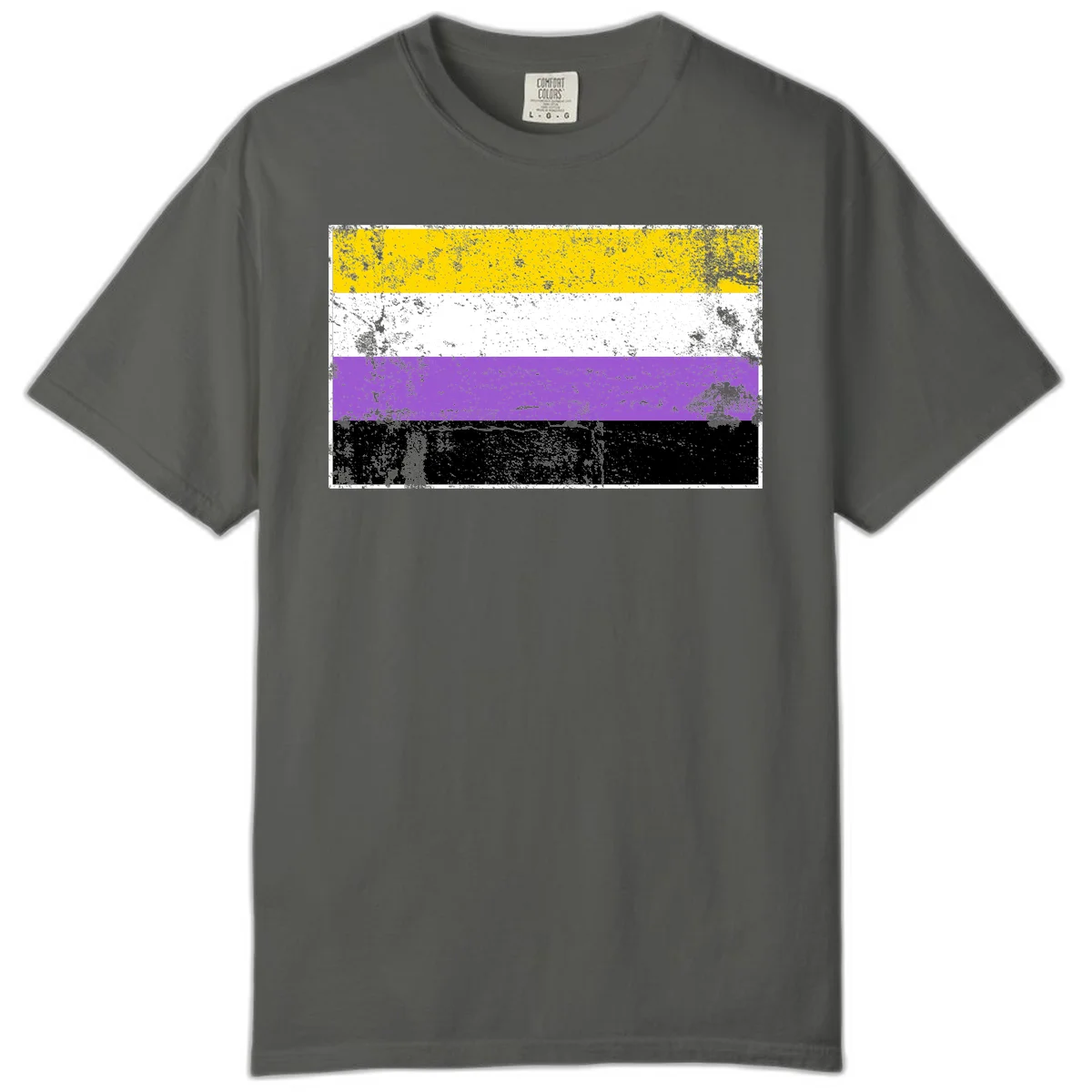 Nonbinary pride flag with yellow, white, purple, and black horizontal stripes featuring distressed grunge texture overlay in Pepper