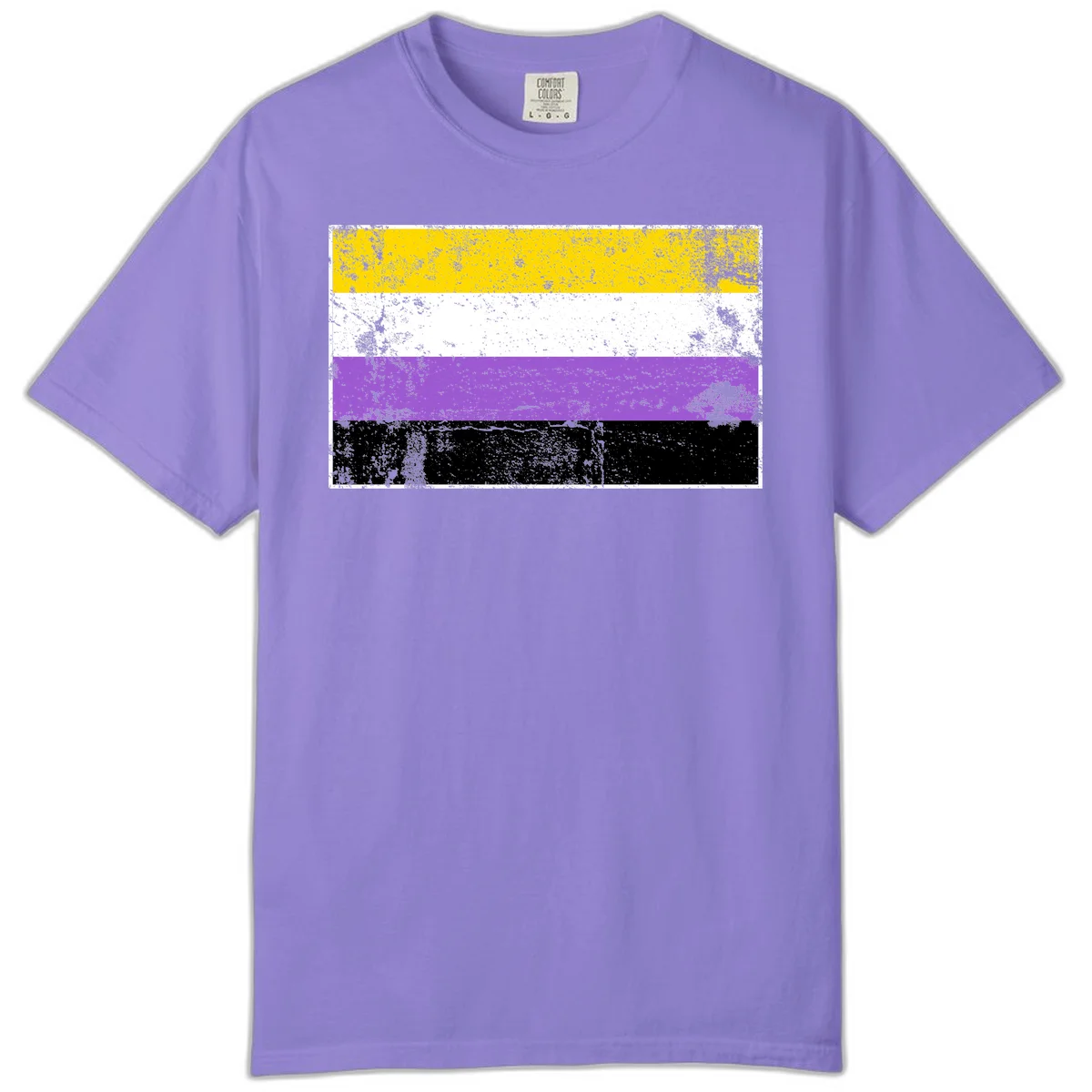 Nonbinary pride flag with yellow, white, purple, and black horizontal stripes featuring distressed grunge texture overlay in Violet