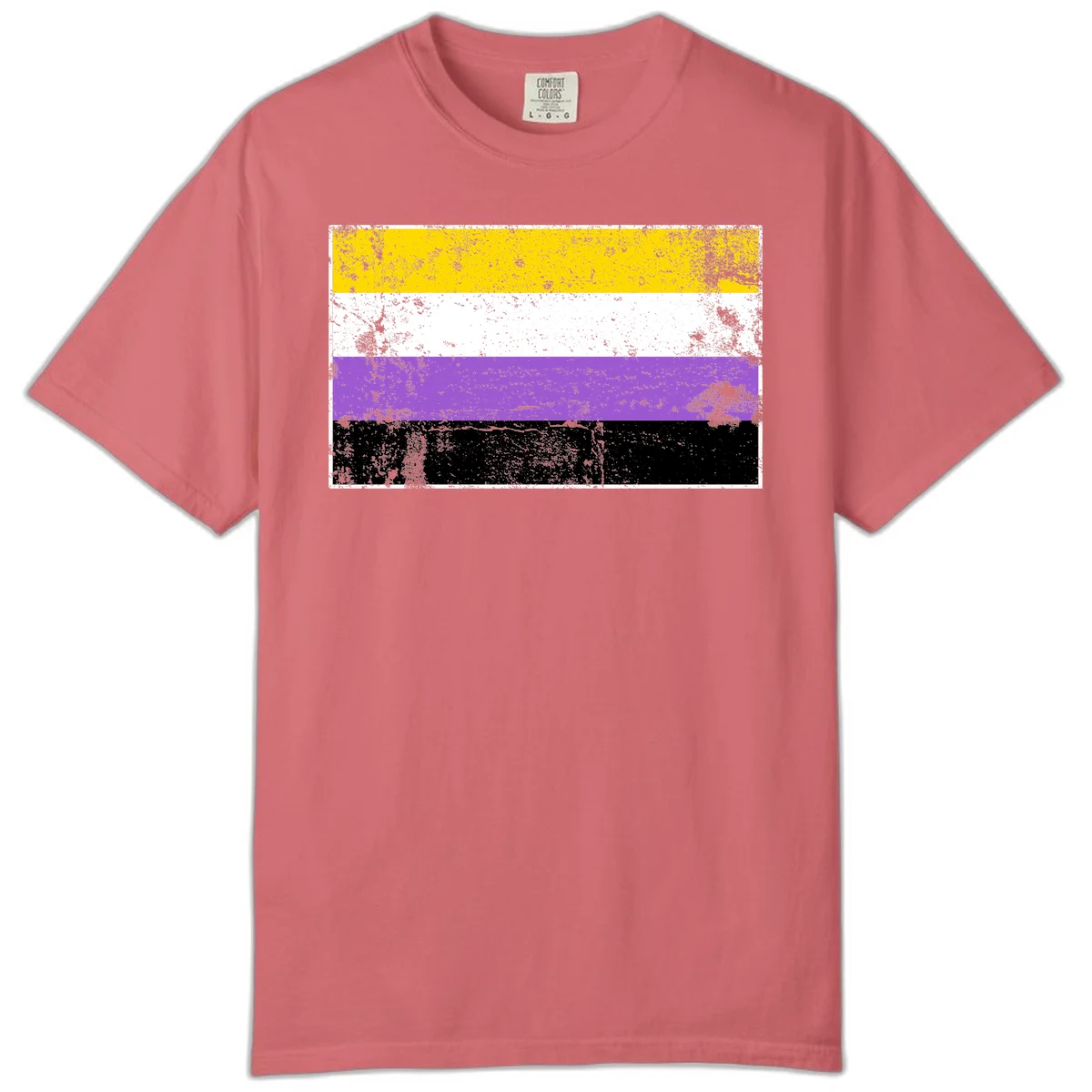 Nonbinary pride flag with yellow, white, purple, and black horizontal stripes featuring distressed grunge texture overlay in Watermelon