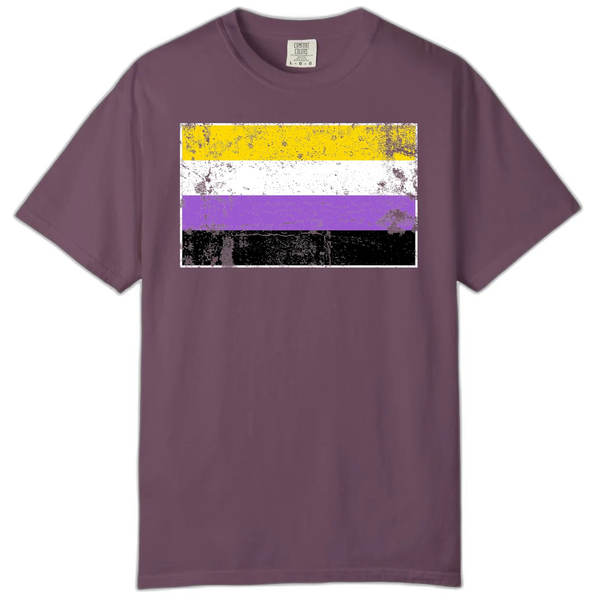 Nonbinary pride flag with yellow, white, purple, and black horizontal stripes featuring distressed grunge texture overlay in Berry