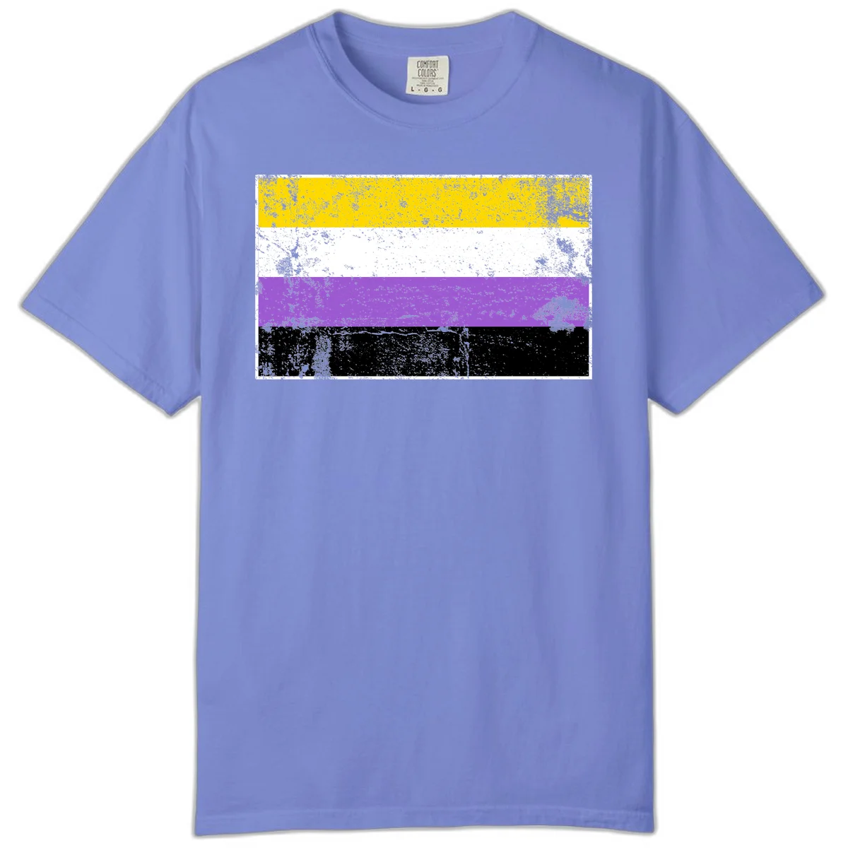 Nonbinary pride flag with yellow, white, purple, and black horizontal stripes featuring distressed grunge texture overlay in Flo Blue