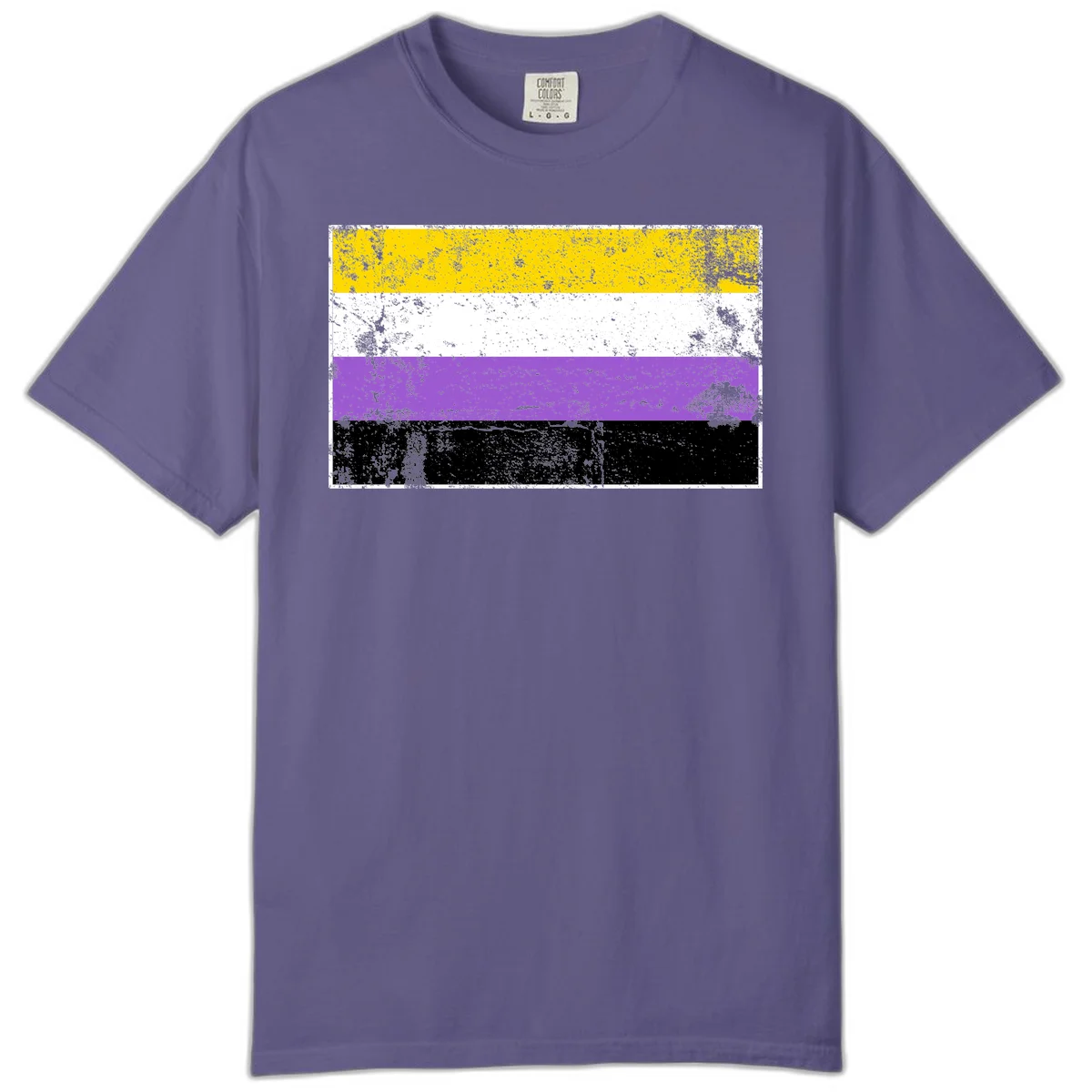 Nonbinary pride flag with yellow, white, purple, and black horizontal stripes featuring distressed grunge texture overlay in Grape