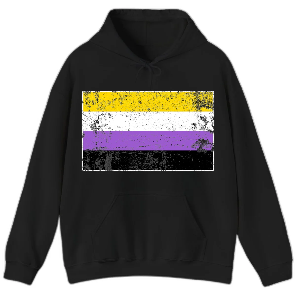 Nonbinary pride flag with yellow, white, purple, and black horizontal stripes featuring distressed grunge texture overlay in Black