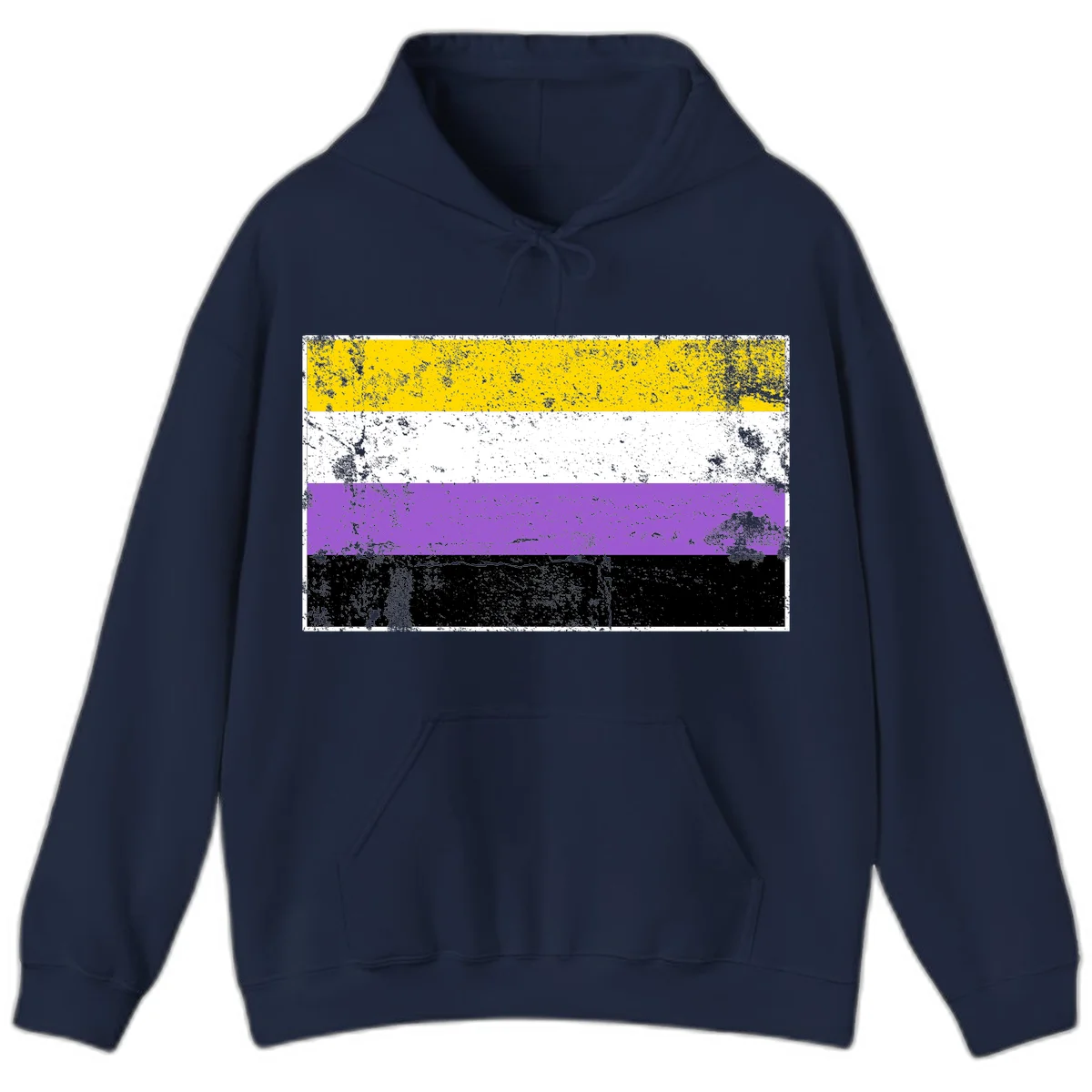 Nonbinary pride flag with yellow, white, purple, and black horizontal stripes featuring distressed grunge texture overlay in Navy