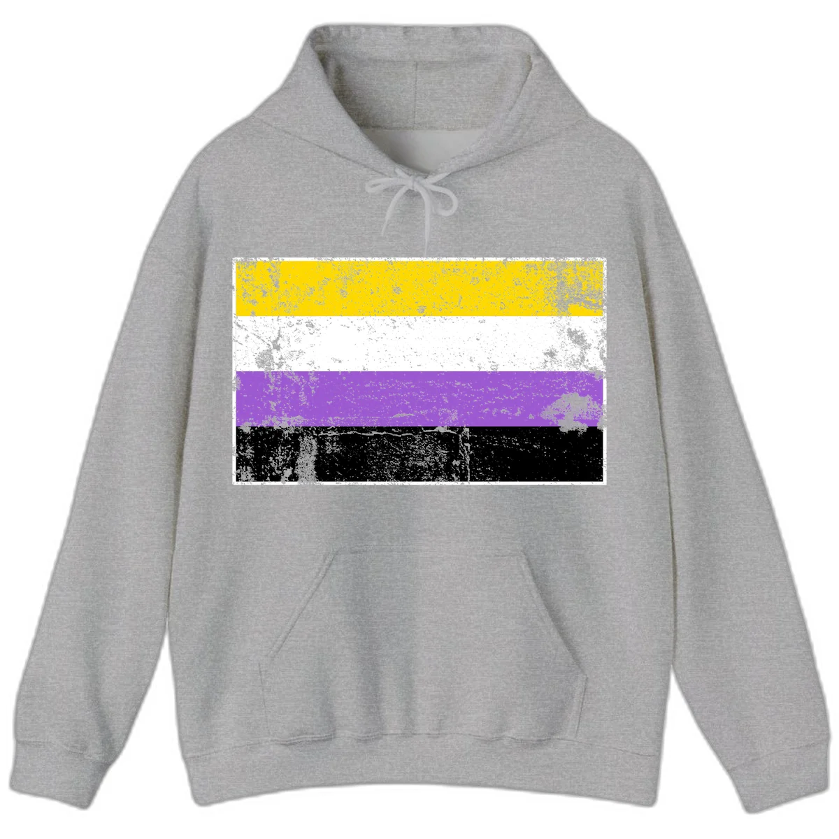 Nonbinary pride flag with yellow, white, purple, and black horizontal stripes featuring distressed grunge texture overlay in Sport Grey