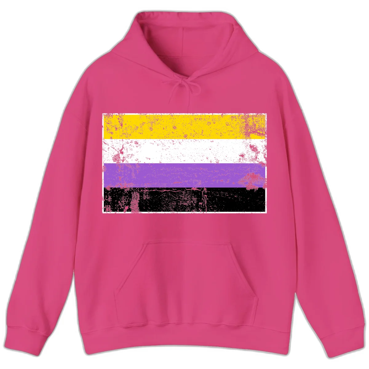 Nonbinary pride flag with yellow, white, purple, and black horizontal stripes featuring distressed grunge texture overlay in Heliconia