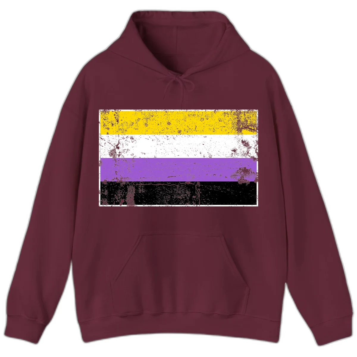 Nonbinary pride flag with yellow, white, purple, and black horizontal stripes featuring distressed grunge texture overlay in Maroon