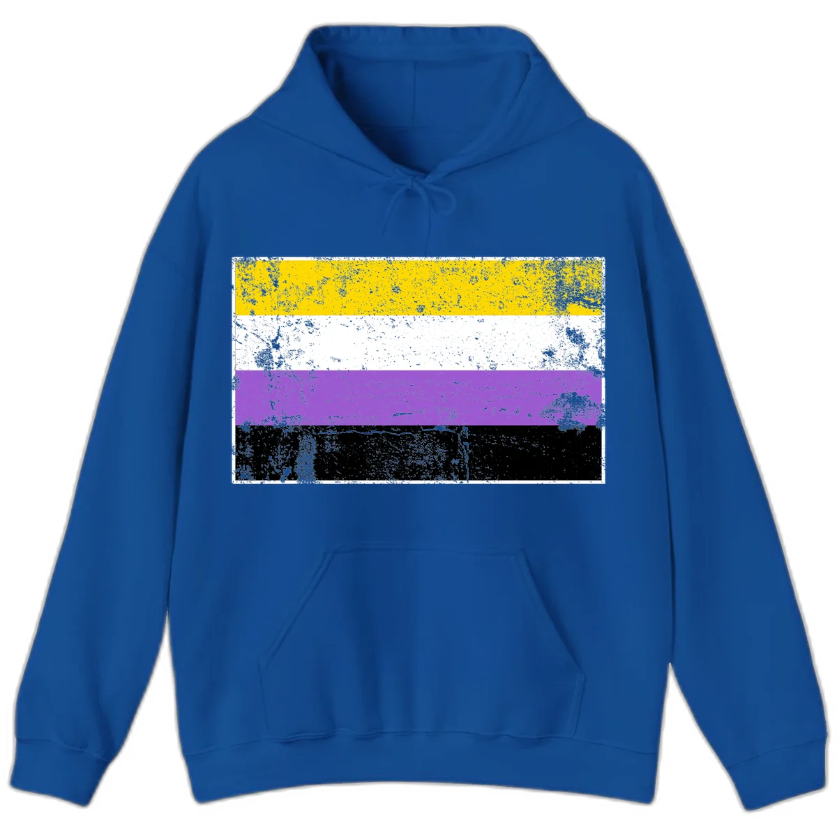 Nonbinary pride flag with yellow, white, purple, and black horizontal stripes featuring distressed grunge texture overlay in Royal