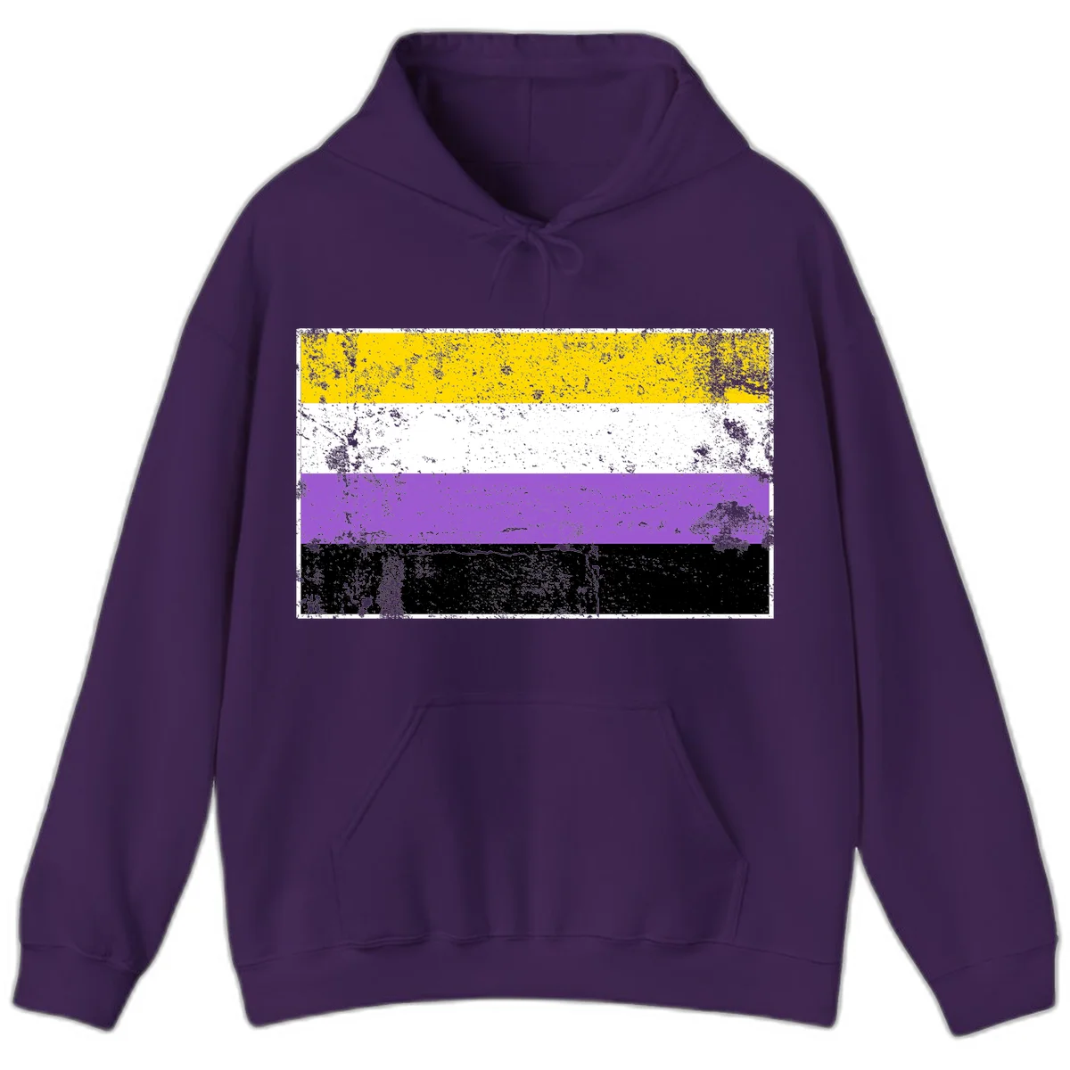 Nonbinary pride flag with yellow, white, purple, and black horizontal stripes featuring distressed grunge texture overlay in Purple