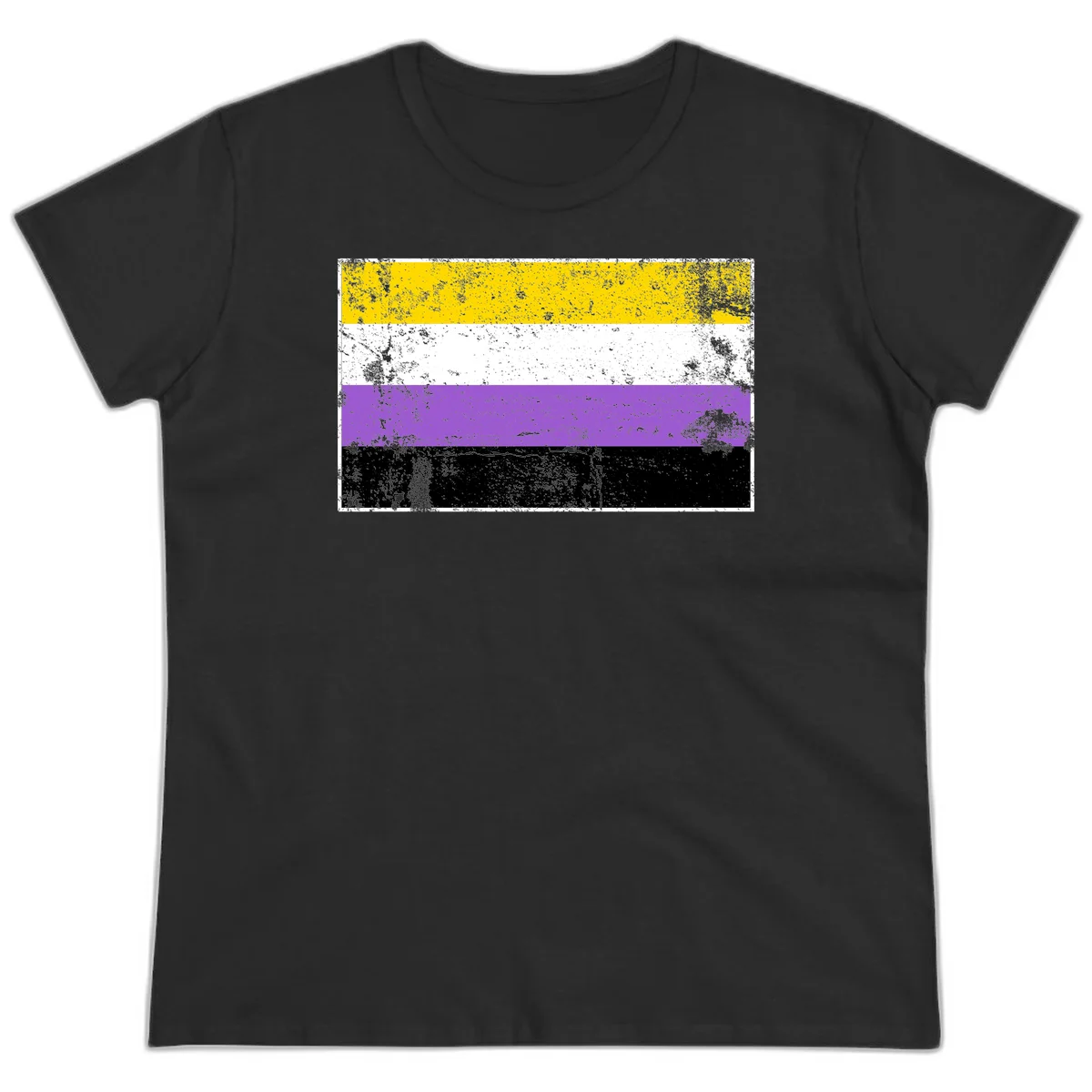 Nonbinary pride flag with yellow, white, purple, and black horizontal stripes featuring distressed grunge texture overlay in Black
