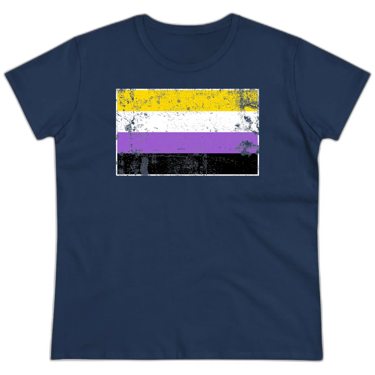 Nonbinary pride flag with yellow, white, purple, and black horizontal stripes featuring distressed grunge texture overlay in Navy